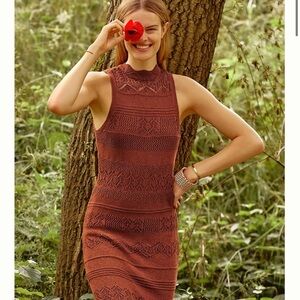 Anthropologie Cable Knit Ruffle Scoop Neck Mini Sweater Dress Cream Coquette